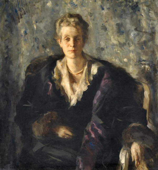 "Else von Marr mit großer Pelzstola" Else Messerschmitt porträtiert von ihrem 2. Ehemann Ehemann Carl von Marr 1918. Aus: Wikimedia Commons, the free media repository.