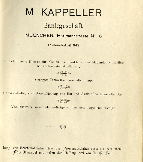 Anzeige für das Bankgeschäft M.Kappeller, aus ihrem Buch „M. Kappeller (Hrsg): Die Kursentwicklung an der Münchener und Berliner Börse im Jahre 1898, München 1899“