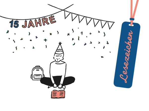 Illustration von Lesezeichen-Kind mit Girlande "15 Jahre", Partyhut, Konfetti und Lesezeichen-Logo