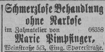 Maria Pimpfinger – Anzeige von 1891, in: Münchner Neueste Nachrichten 44. Jg., Nr. 104 vom 06.04.1891