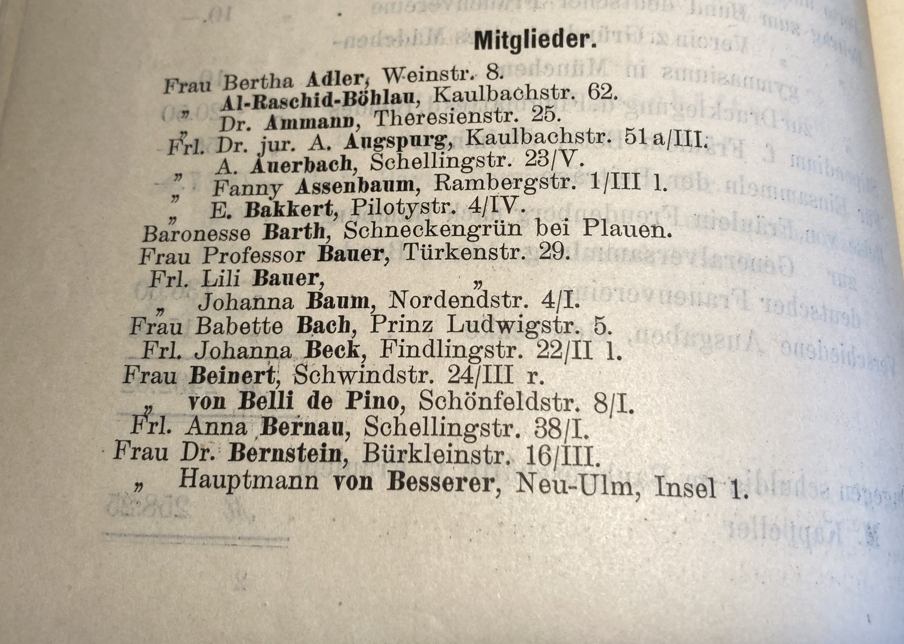Bericht über die fünfte Generalversammlung (1899) des Vereins für Fraueninteressen, Mitgliederverzeichnis, S.20